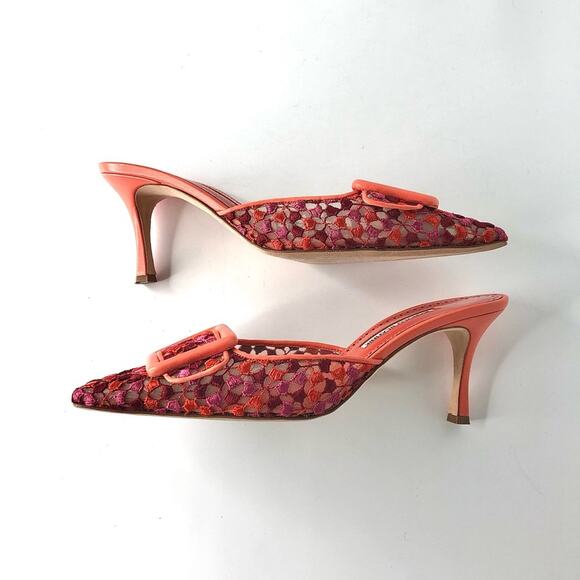 Manolo Blahnik Maysale Lace Multicolored Buckle Pointed Toe Mules Pumps 40 - Picture 6 of 10
